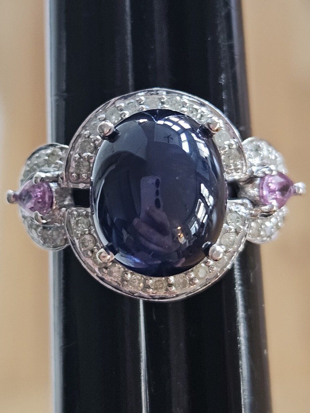 Estate 14k WG 5ct+ Natural Deep Blue Sapphire Cabochon Diamond Cocktail Ring